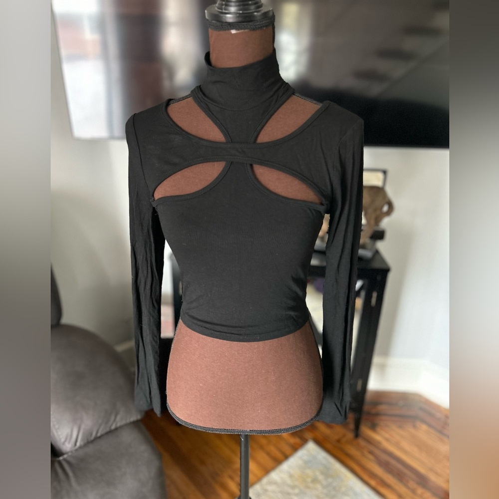 H:ours By Revolve Black Cutout Turtleneck Top Cropped